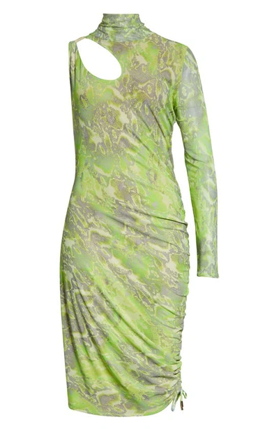 Shop Afrm Elio Turtleneck One-shoulder Single Long Sleeve Dress In Lime Abstract Snake
