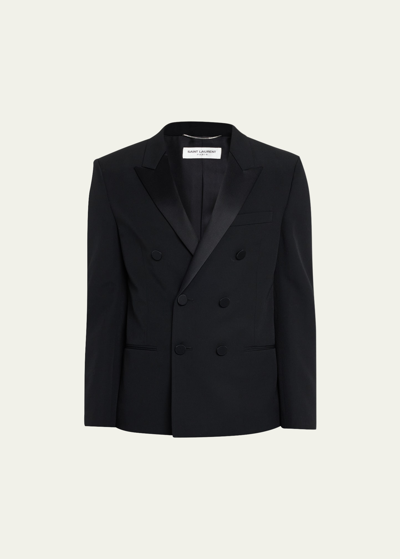 Shop Saint Laurent Men's Double-breasted Wool Tuxedo Jacket In Nero