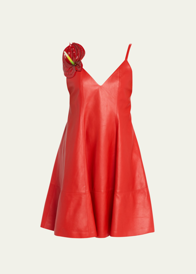 Shop Loewe Anthurium Applique Leather Sleeveless Dress In Red