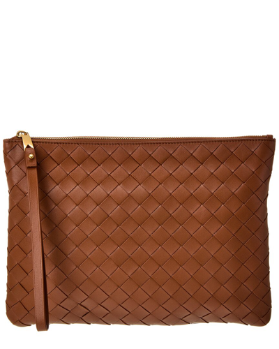 Shop Bottega Veneta Medium Intrecciato Leather Pouch In Brown