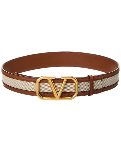 Shop Valentino Vlogo 40mm Canvas & Leather Belt In Beige