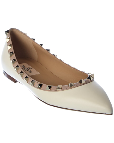 Shop Valentino Rockstud Leather Flat In White