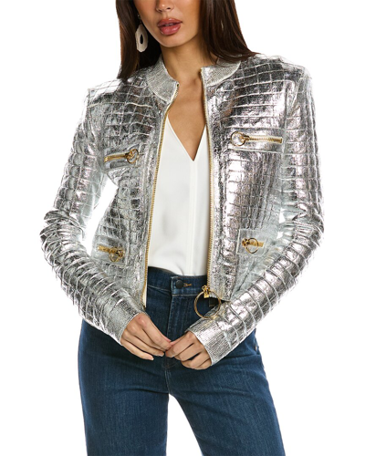 Shop Balmain Collarless Metallic Quilted Wool-blend Jacket In White
