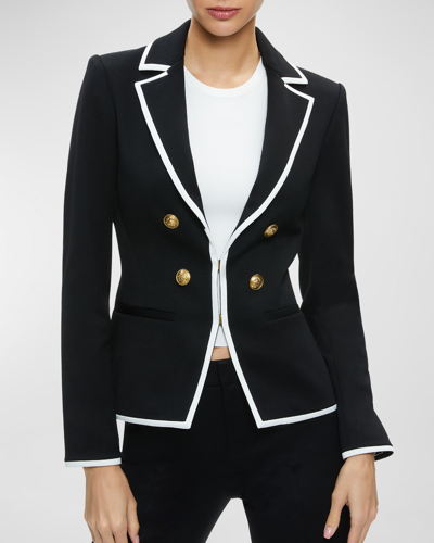 Shop Alice And Olivia Mya Fitted Contrast Binding Blazer In Black/off White
