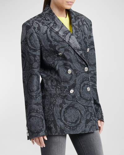 Shop Versace Double-breasted Baroque Print Denim Jacket In Mid Grey