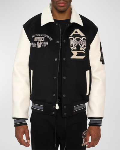 Shop Avirex Men's Omega Wool Leather Varsity Jacket In Black
