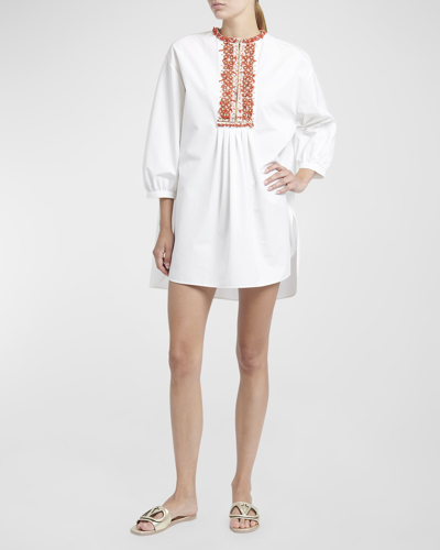 Shop Valentino Beaded Long-sleeve Mini Shift Dress In White Multi