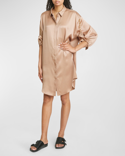 Shop Loewe Silk Shirtdress With Chain Details In Otter