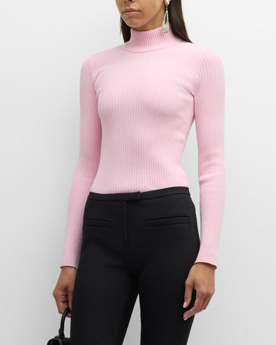 Shop Courrèges Logo Mock-neck Rib-knit Sweater In Powder Pink