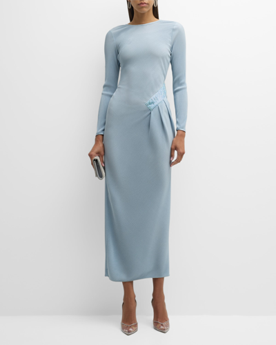 Shop Giorgio Armani Plisse Jersey Gown With Beaded Hip Detail In Solid Medium Blue
