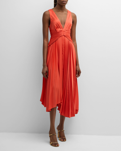 Shop Acler Darley Sleeveless Pleated A-line Midi Dress In Watermelon Red