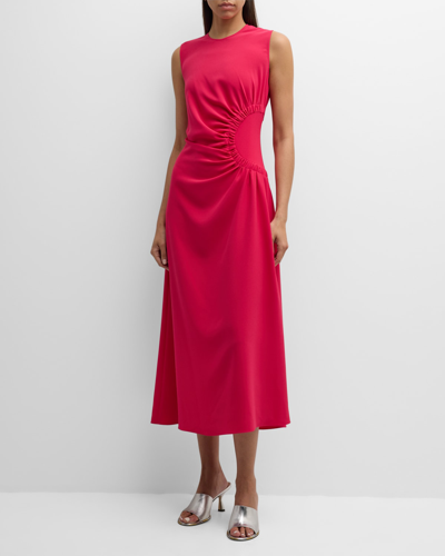 Shop Lela Rose Sunburst Ruched-side Sleeveless Midi Dress In Magenta