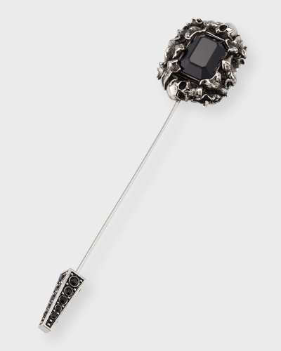 Shop Alexander Mcqueen Men's Black Swarovski Crystal Ivy Skull Pin Brooch In A.silver Jet Sw
