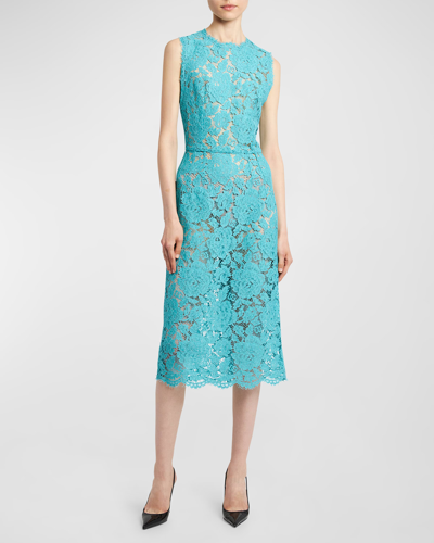 Shop Dolce & Gabbana Floral Lace Midi Dress In Turquoise