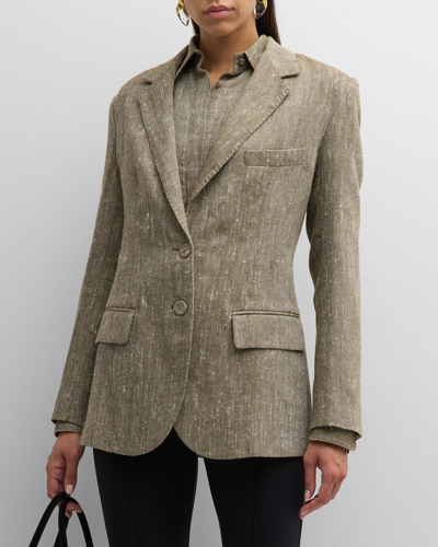 Shop Brandon Maxwell Linen-silk Houndstooth Single-breasted Blazer Jacket In Ash Herringbone