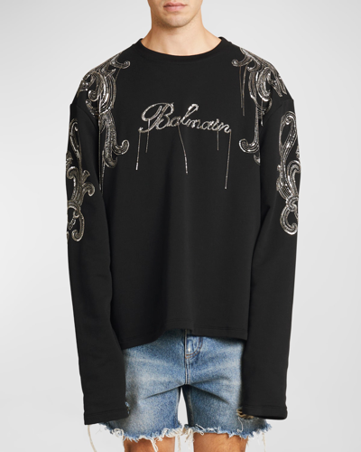 Shop Balmain Men's Embroidered Chain Fringe Paisley Sweatshirt In Black/silver