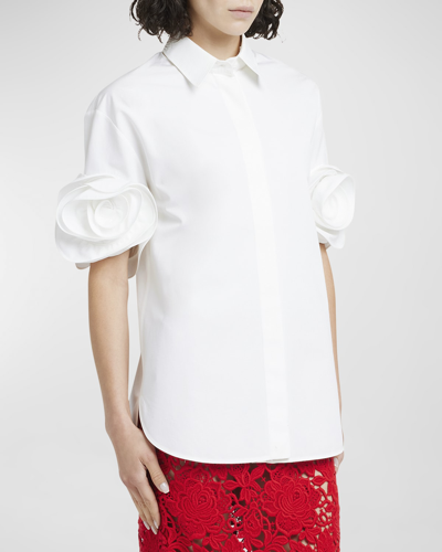 Shop Valentino Rosette-cuff Short-sleeve Poplin Collared Shirt In White