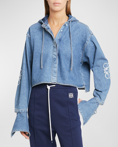 Shop Loewe Anagram Crop Hooded Denim Shirt In Jeans Blue