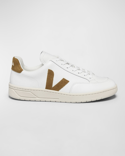 Shop Veja V-12 Mixed Leather Low-top Sneakers In White Camel