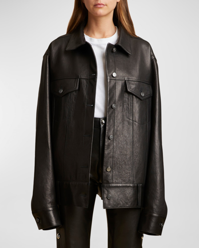 Shop Khaite Grizzo Oversized Leather Collared Jacket In Black