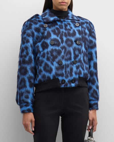 Shop Libertine London Leopard-motif Double-breasted Bomber Jacket In Blu