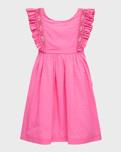 Shop Luli & Me Girl's Summer Dotted Smocked Cotton Dress In Fucshia