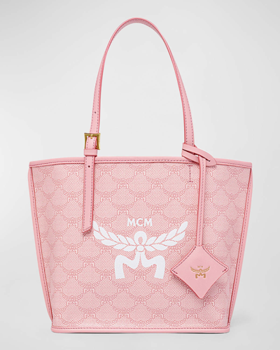 Shop Mcm Lauretos Monogram Canvas Shopper Tote Bag In Silver Pink