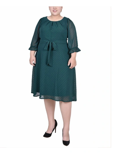NY COLLECTION PLUS WOMENS EMBROIDERED DOTS GATHERED NECKLINE MIDI DRESS 