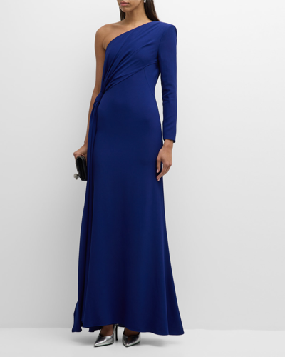Shop Alexander Mcqueen Crepe One-shoulder Gown With Draped Detail In Denim Blue