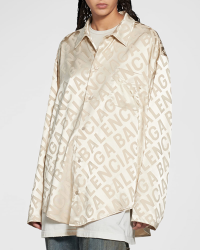 Shop Balenciaga Large Allover Logo Minimal Shirt Large Fit In 9710 Light Beige