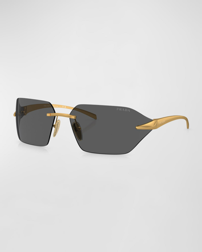 Shop Prada Men's Rimless Gold-tone Wrap Sunglasses In Dark Grey
