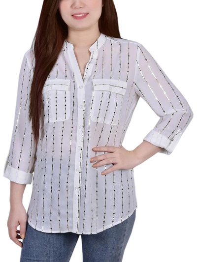 Ny Collection Petite Size 3/4 Sleeve Roll Tab Blouse With Metallic Details Top In Multi