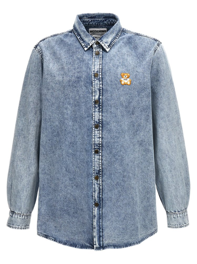 Shop Moschino Teddy Logo Embroidered Buttoned Denim Shirt In Blue
