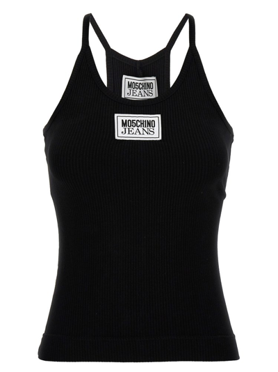 Shop Moschino Jeans Logo Patch Sleeveless Knitted Top In Black