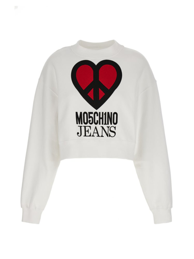 Shop Moschino Jeans Heart Printed Crewneck Sweatshirt In White