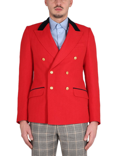 Shop Gucci Long Sleeved Double Breasted Herringbone Jacket In Red