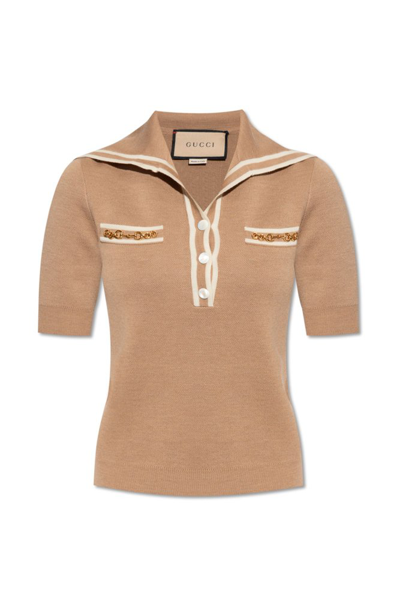Shop Gucci Horsebit Knit Polo Shirt In Beige