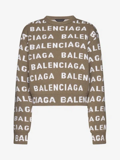 Shop Balenciaga Logo Wool Cropped Sweater In Dark Beige,white