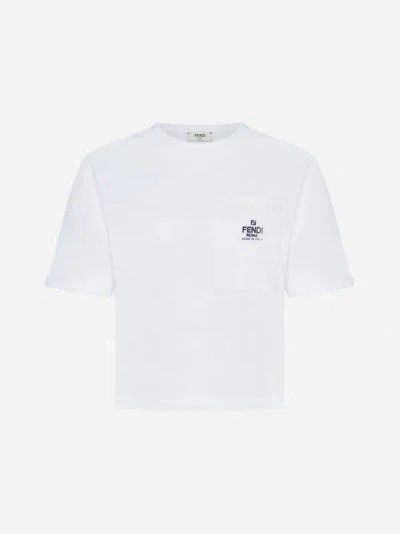 Shop Fendi Logo Cotton Cropped T-shirt In White