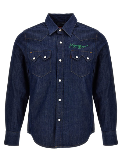 Shop Kenzo Logo Embroidered Buttoned Denim Shirt In Navy