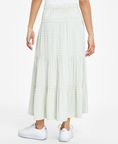 Shop Celebrity Pink Juniors' Gingham Tiered Midi Skirt In Olive Gingham