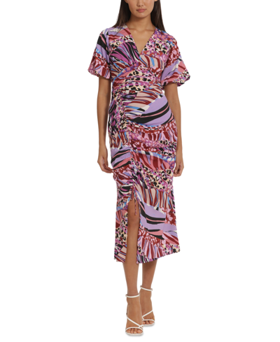 Shop Donna Morgan Women's Printed Bubble-sleeve Dress In Ivory,soft Lilac