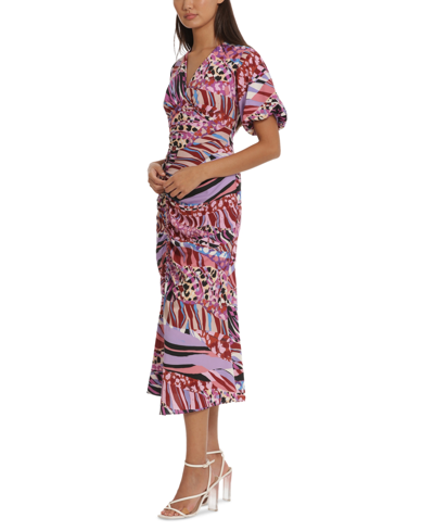Shop Donna Morgan Women's Printed Bubble-sleeve Dress In Ivory,soft Lilac