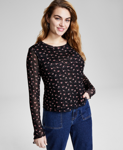 Shop And Now This Women's Floral-print Mesh Long-sleeve Top, Created For Macy's In Black,pink Floral