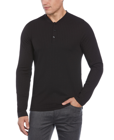 Shop Perry Ellis Men's Vertical Ribbing Long-sleeve Henley Shirt In Black