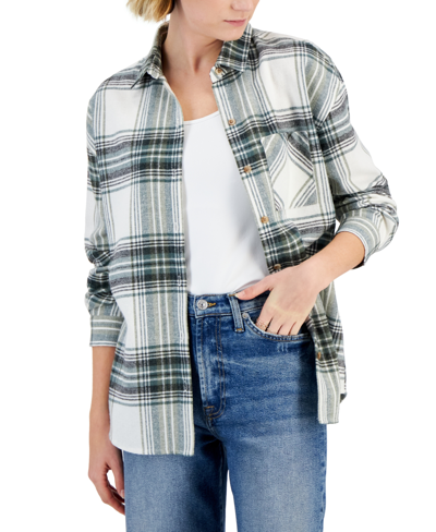 Shop Just Polly Juniors' Rhinestone Plaid Flannel Shirt In Green Butterfly
