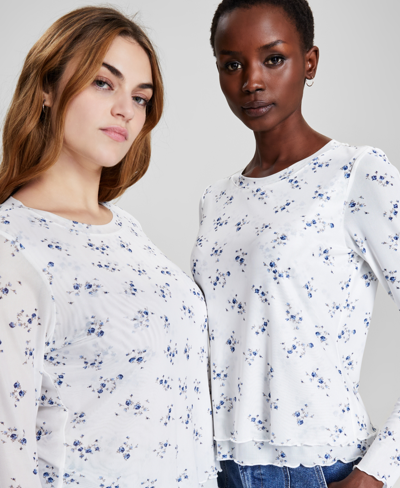 Shop And Now This Women's Floral-print Mesh Long-sleeve Top, Created For Macy's In Bone Floral