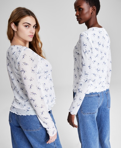 Shop And Now This Women's Floral-print Mesh Long-sleeve Top, Created For Macy's In Bone Floral