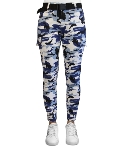 Shop Almost Famous Crave Fame Juniors' High-rise Belted Cargo Pants In Blue Camo