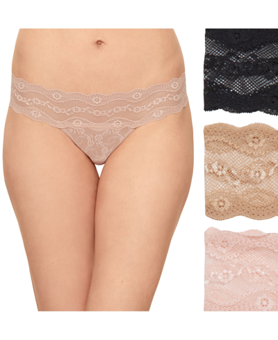 B.tempt'd By Wacoal Women's 3-pk. Lace Kiss Thong Underwear 970582 In Rose Smoke,au Natural,night